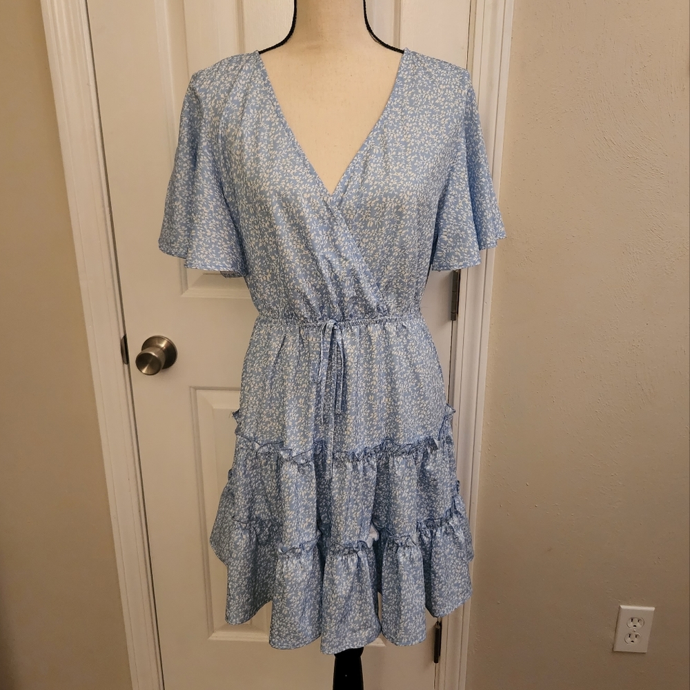 Shein Blue Floral Faux Wrap Dress Size L 8/10